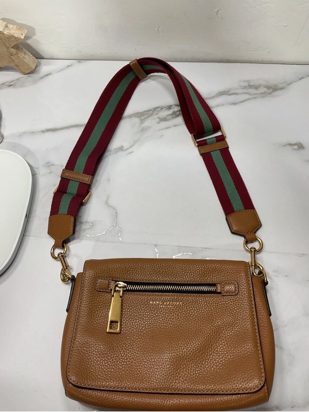 Marc Jacobs Tan Pebbled Leather Crossbody with Red and Green Striped Strap